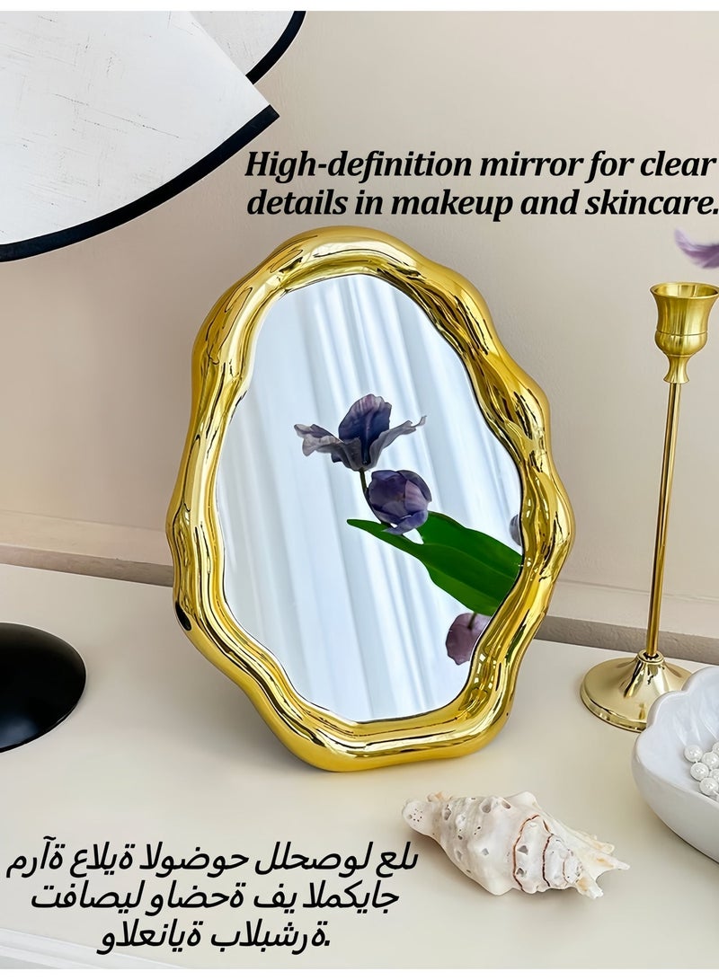 Tabletop Mirror, Bedroom Household Makeup Mirror, Aesthetic Free-Standing Vanity Mirror, Desktop Vanity Mirror for Bedroom, Living Room, Office Desk (27 x 21 cm, Gold) - Image 4